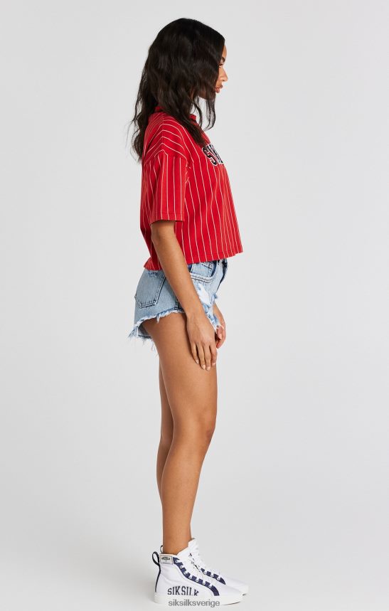 kvinnor SikSilk röd baseball randig t-shirt kläder 02V42444