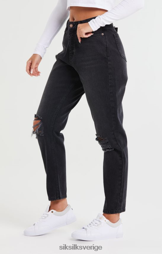 kvinnor SikSilk tvättad svart knee rip denim mom jean kläder 02V424191
